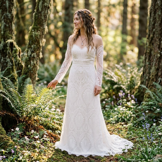 Boho Illusion Long Sleeve Lace Wedding Dress