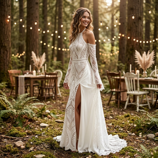 Boho Halter High Slit Lace Wedding Dress
