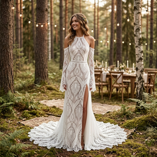 Boho Halter High Slit Lace Wedding Dress