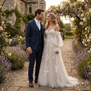 3D Floral Off Shoulder Pleated Tulle Wedding Dress