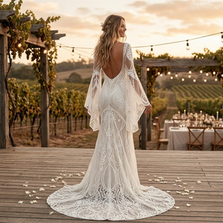 Boho Bell Sleeve Geometric Lace Mermaid Wedding Dress