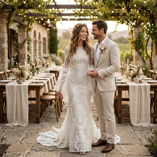 Boho Bell Sleeve Geometric Lace Mermaid Wedding Dress