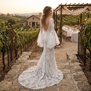 Boho Bell Sleeve Geometric Lace Mermaid Wedding Dress