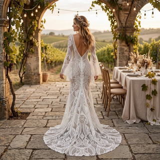 Boho Bell Sleeve Geometric Lace Mermaid Wedding Dress