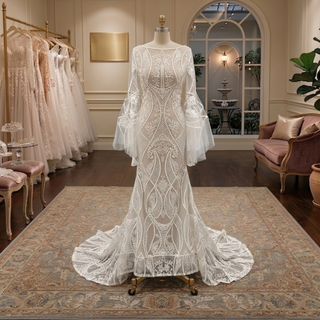 Boho Bell Sleeve Geometric Lace Mermaid Wedding Dress