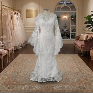 Boho Bell Sleeve Geometric Lace Mermaid Wedding Dress
