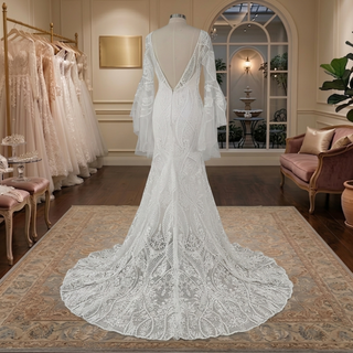 Boho Bell Sleeve Geometric Lace Mermaid Wedding Dress