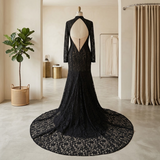 Black Lace Mermaid High Neck Wedding Dress
