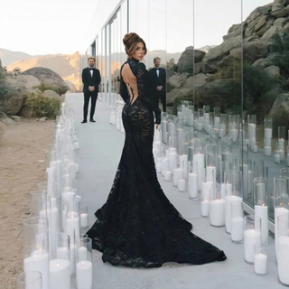Black Lace Mermaid High Neck Wedding Dress