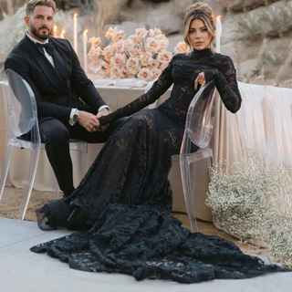 Black Lace Mermaid High Neck Wedding Dress