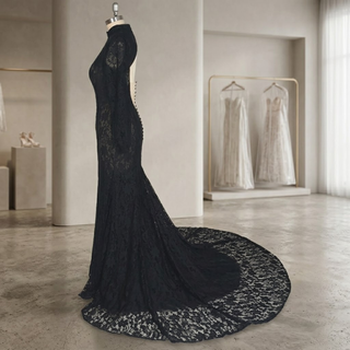Black Lace Mermaid High Neck Wedding Dress