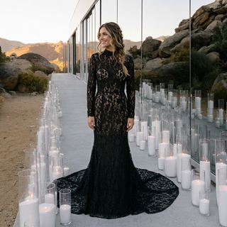Black Lace Mermaid High Neck Wedding Dress