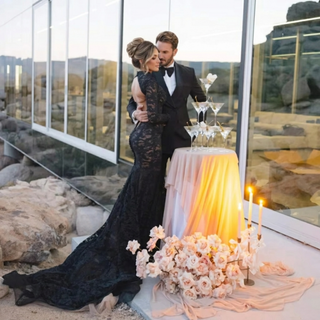 Black Lace Mermaid High Neck Wedding Dress