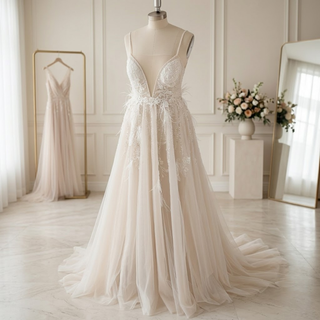 Lace Spaghetti Strap High Slit Bridal Gown