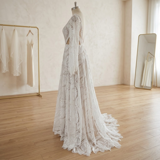 Boho Lace Scalloped Hem A-Line Bridal Gown