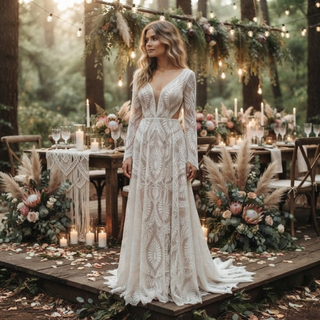 Boho Lace Scalloped Hem A-Line Bridal Gown