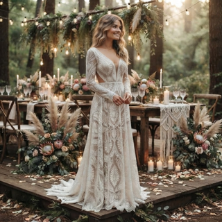 Boho Lace Scalloped Hem A-Line Bridal Gown