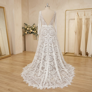Boho Lace V-Neck  Long Sleeves Bridal Gown
