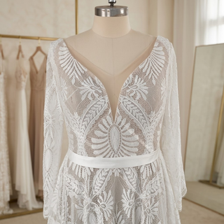 Boho Lace V-Neck  Long Sleeves Bridal Gown