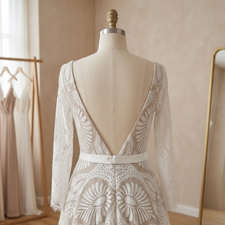 Boho Lace V-Neck  Long Sleeves Bridal Gown