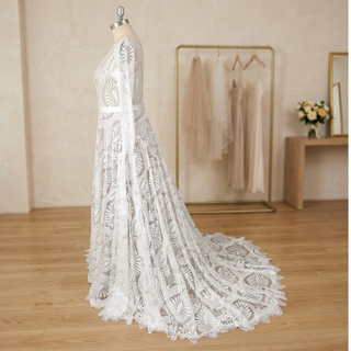Boho Lace V-Neck  Long Sleeves Bridal Gown