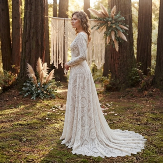 Boho Lace V-Neck  Long Sleeves Bridal Gown