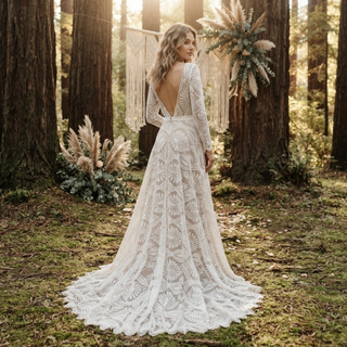 Boho Lace V-Neck  Long Sleeves Bridal Gown