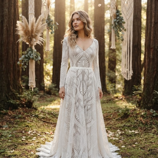 Boho Lace V-Neck  Long Sleeves Bridal Gown