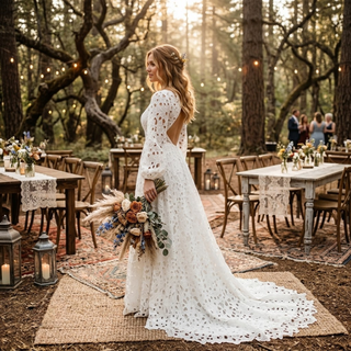 Puff Sleeves Boho Lace Wedding Dress