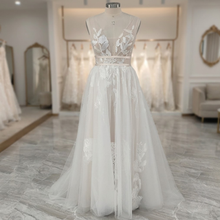 V-Neck Boho Embroidery Tulle Wedding Dress