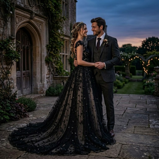 Elegant Whimsical Black Lace Wedding Dress