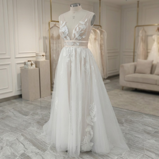 V-Neck Boho Embroidery Tulle Wedding Dress