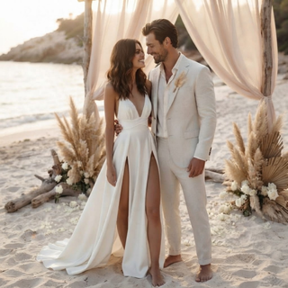 Satin Plunging V-Neck High Slit Wedding Dress