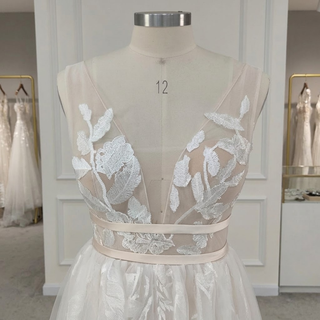 V-Neck Boho Embroidery Tulle Wedding Dress