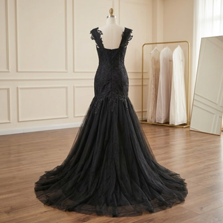 Black V-Neck Mermaid Floral Wedding Dress
