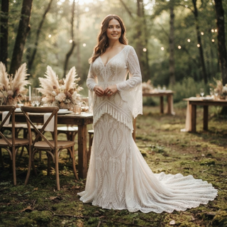 Boho Fringe Lace Wedding Dress