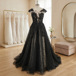 Elegant Whimsical Black Lace Wedding Dress