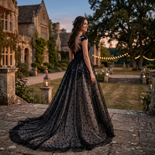 Elegant Whimsical Black Lace Wedding Dress