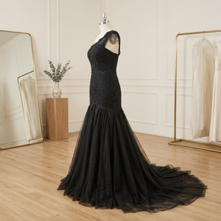 Black V-Neck Mermaid Floral Wedding Dress