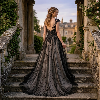 Elegant Whimsical Black Lace Wedding Dress