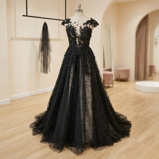Elegant Whimsical Black Lace Wedding Dress