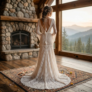 Backless Hippie Bohemian Bridal Gown with Tassel Details
