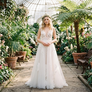V-Neck Boho Embroidery Tulle Wedding Dress