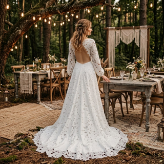 Puff Sleeves Boho Lace Wedding Dress
