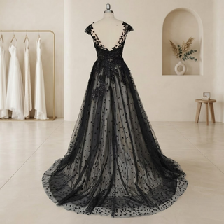 Elegant Whimsical Black Lace Wedding Dress