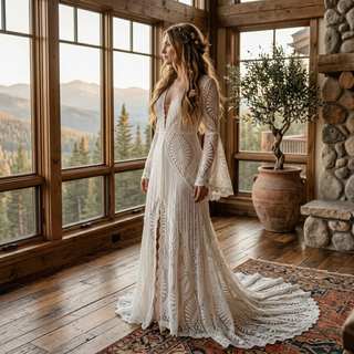 Backless Hippie Bohemian Bridal Gown with Tassel Details