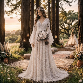 Boho Batwing Sleeve Lace Wedding Dress