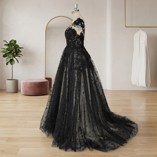 Elegant Whimsical Black Lace Wedding Dress