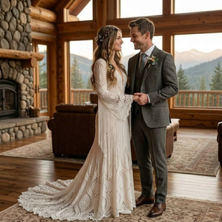 Backless Hippie Bohemian Bridal Gown with Tassel Details