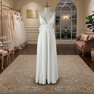 Satin Plunging V-Neck High Slit Wedding Dress